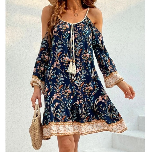 Dresses & Skirts - SOLD OUT Navy Fields Bohemian Floral Cold Open Shoulder Tassel Tie Ruffle Dress